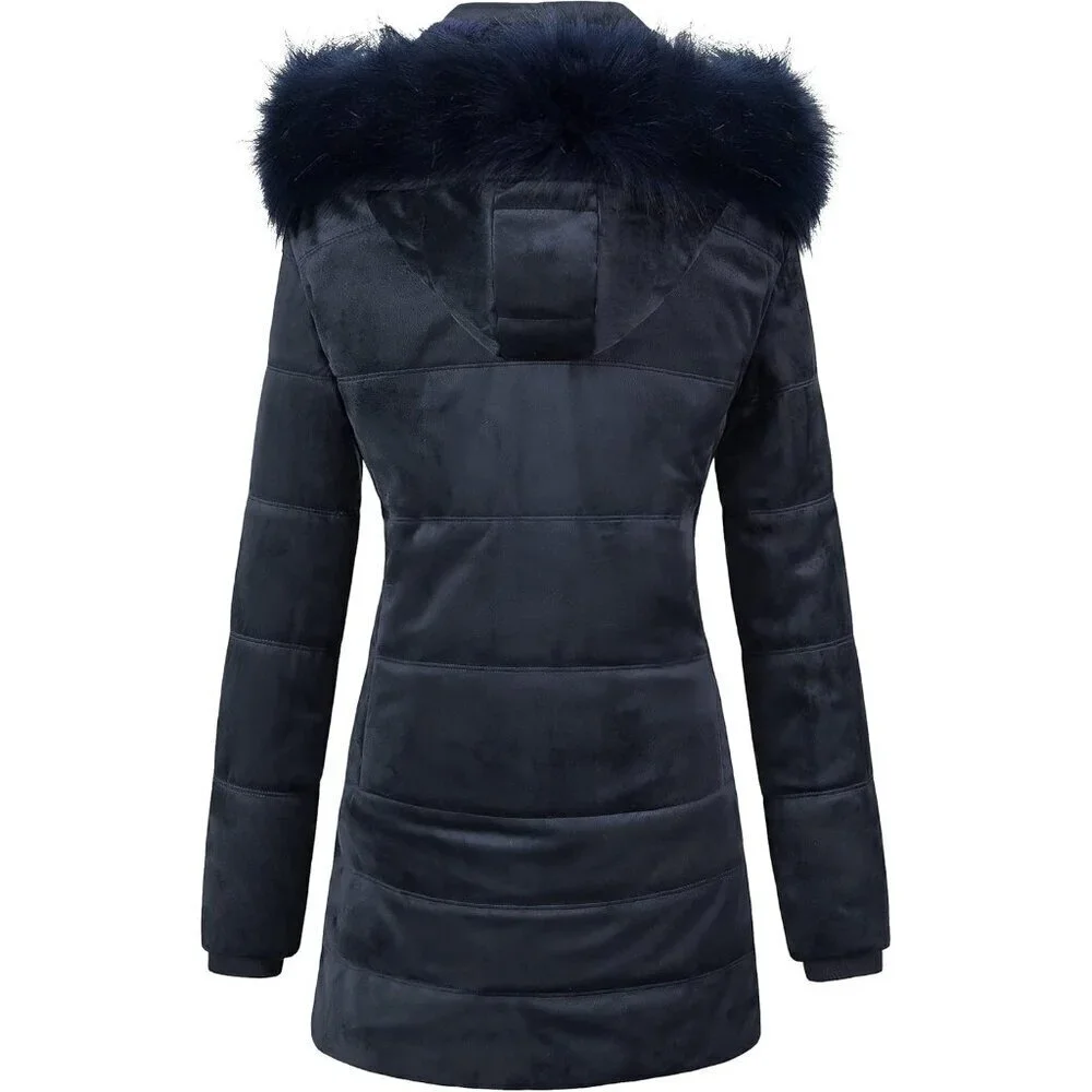 Women's Navy Winter Warm Coat Velvet Quilted Faux Fur Hood Puffer Jacket